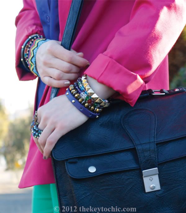 color blocking trend, H&M colored denim, layered bracelets, rockin' wrist, southern California fashion blog
