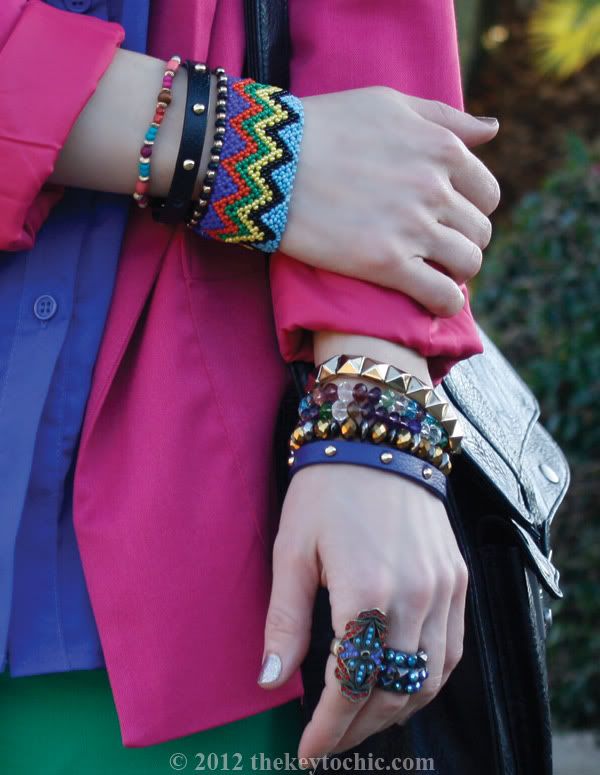 color blocking trend, H&M colored denim, layered bracelets, rockin' wrist, southern California fashion blog