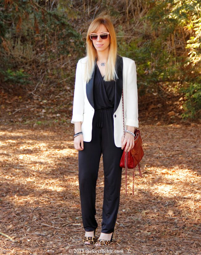 white tuxedo blazer, Kardashian Kollection jumpsuit, Zara leopard print stud heels, Rebecca Minkoff Swing bag, LA fashion blog