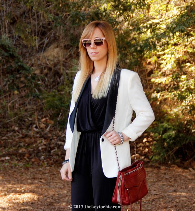 white tuxedo blazer, Kardashian Kollection jumpsuit, Rebecca Minkoff Swing bag, LA fashion blog