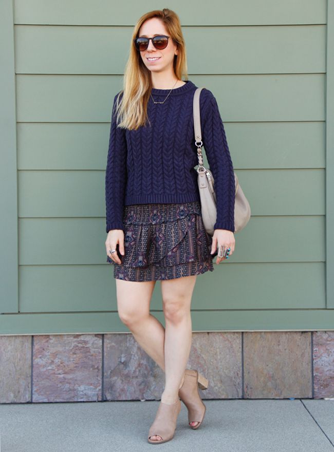 Cotton On cable knit sweater with Forever 21 boho babe skirt, Kate Spade Penny bag and Mossimo Kacie boots