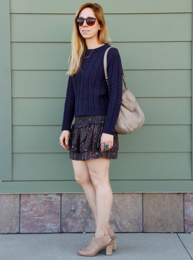 Cotton On cable knit sweater with Forever 21 boho babe skirt, Kate Spade Cobble Hill Penny bag and Mossimo Kacie boots in blush