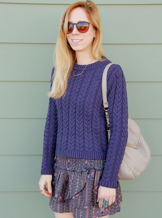 Cotton On cable knit sweater with Forever 21 boho babe skirt and Kate Spade Cobble Hill Penny bag