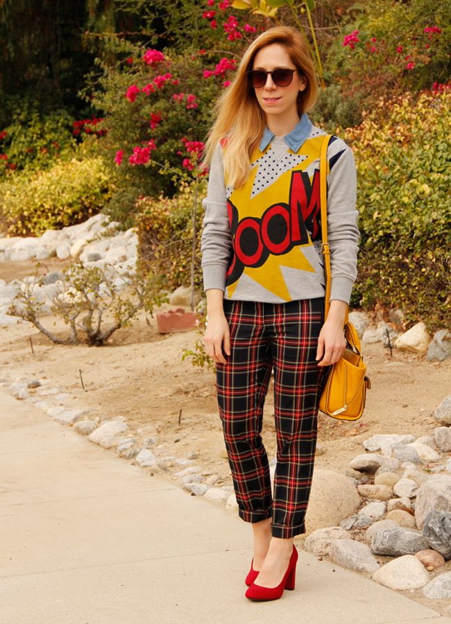 LA fashion blogger The Key To Chic wears a Phillip Lim for Target Boom sweatshirt and yellow mini satchel with Joe Fresh plaid trousers and Merona Meg pumps