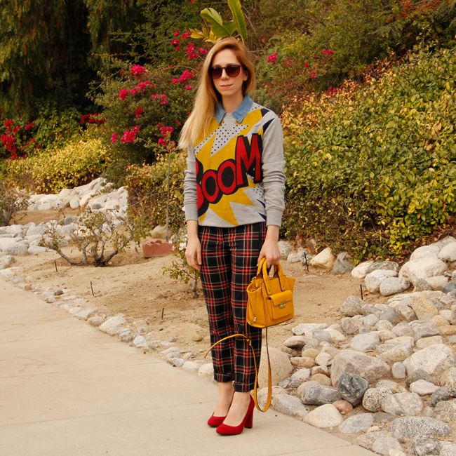 LA fashion blogger The Key To Chic wears a Phillip Lim for Target Boom sweatshirt and yellow mini satchel with Joe Fresh plaid trousers and Merona Meg pumps