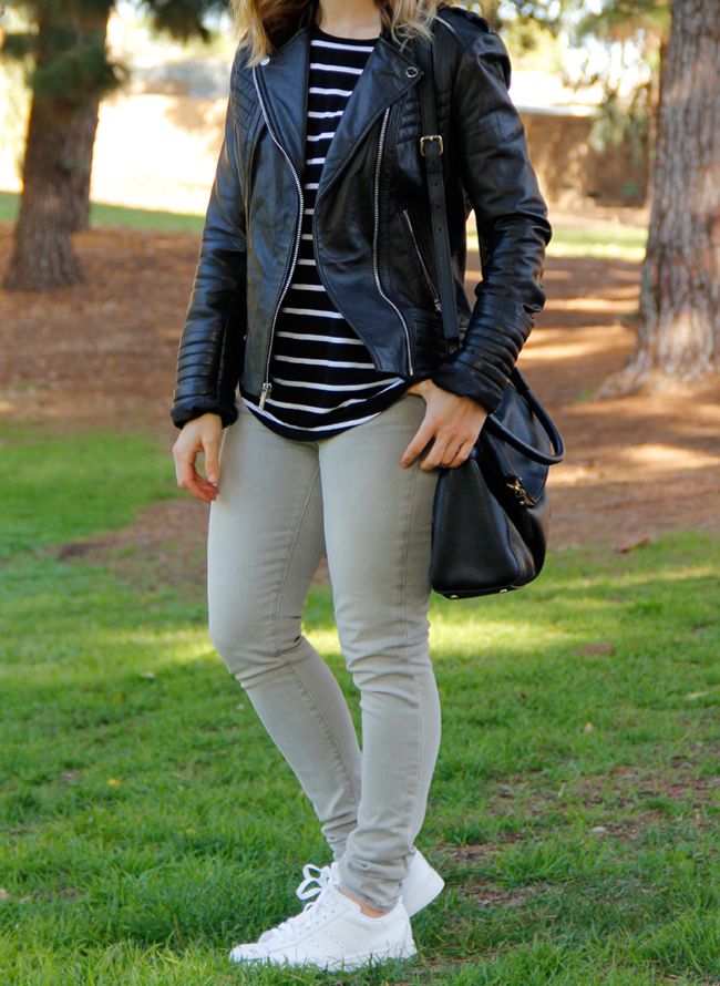 LA fashion and personal style blogger The Key To Chic wears a striped a.n.a. top, Michael Michael Kors leather moto jacket, grey J Brand skinny jeans, Kate Spade Cobble Hill Little Minka bag, and Adidas Superstar 2 sneakers