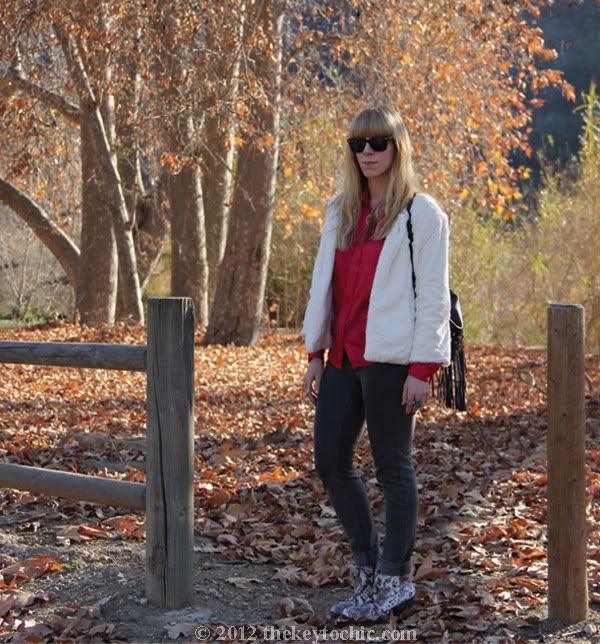 collarless faux fur jacket, Cheap Monday jeans, H&M fringe handbag, snakeskin ankle boots, Los Angeles fashion blogger, southern California fashion blog