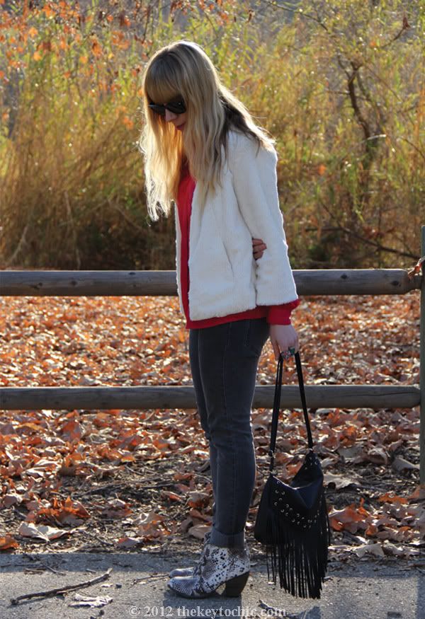 collarless faux fur jacket, Cheap Monday jeans, H&M fringe handbag, snakeskin ankle boots, Los Angeles fashion blogger, southern California fashion blog