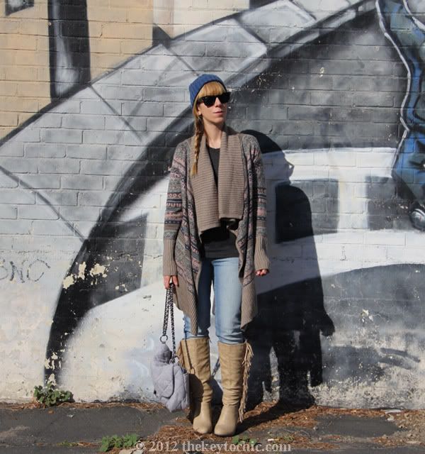 Kensie waterfall cardigan, Cheap Monday jeans, fringe wedge boots, Los Angeles fashion blog, southern California fashion blog