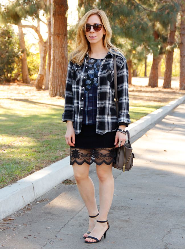 LA fashion blogger The Key To Chic wears a plaid and floral H&M blouse with a slip dress, flannel shirt, and ankle strap heels, glam grunge fashion trend 2014
