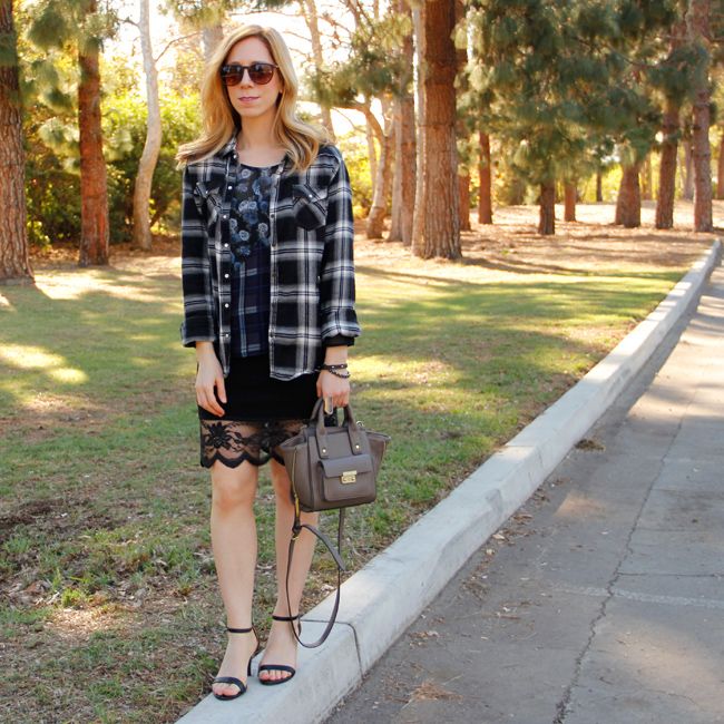 LA fashion blogger The Key To Chic wears a plaid and floral H&M blouse with a slip dress, flannel shirt, and ankle strap heels
