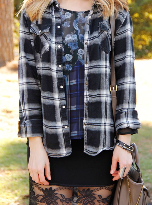 LA fashion blogger The Key To Chic wears a plaid and floral H&M blouse with a lace trim slip dress and flannel shirt