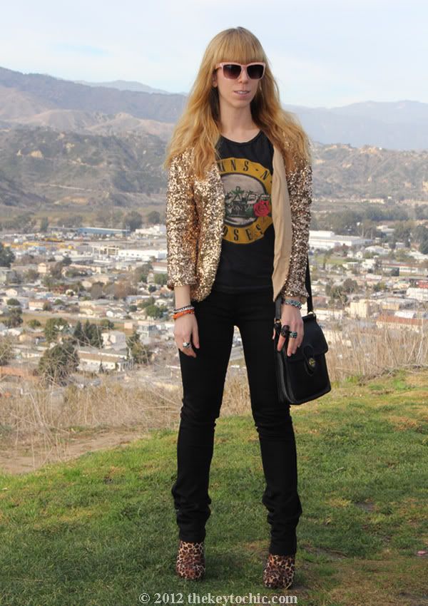 gold sequin jacket, James Jeans Couture Collection straight leg matte jeans, vintage Coach bag, Forever 21 leopard boots, Los Angeles fashion blogger