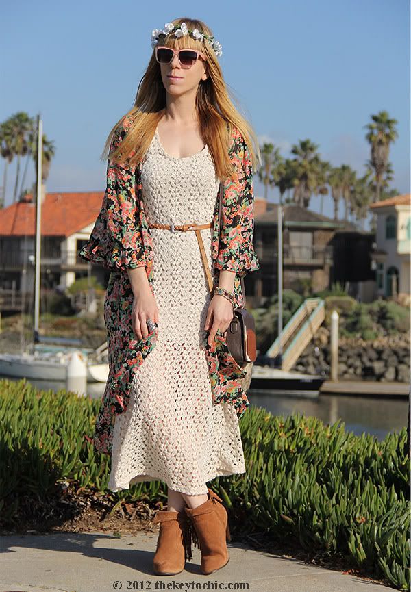 Unif the robe in bouquet, crochet dress, Bakers Showdown boots, H&M fox handbag, Los Angeles fashion blog, southern California fashion blog