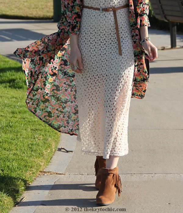 Unif the robe in bouquet, crochet dress, Bakers Showdown boots, Los Angeles fashion blog, southern California fashion blog