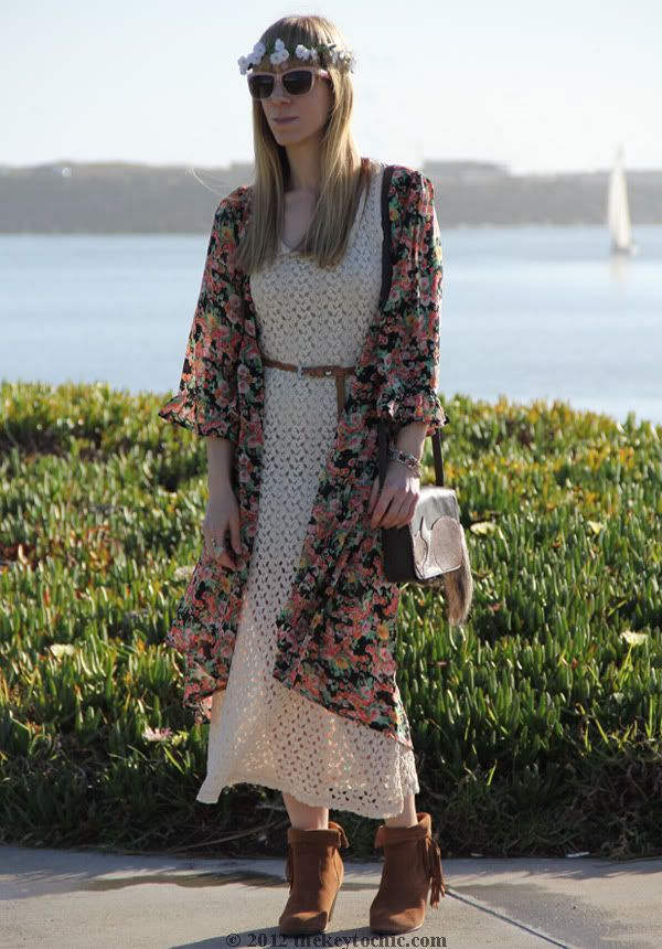Unif the robe in bouquet, crochet dress, Bakers Showdown boots, H&M fox handbag, Los Angeles fashion blog, southern California fashion blog