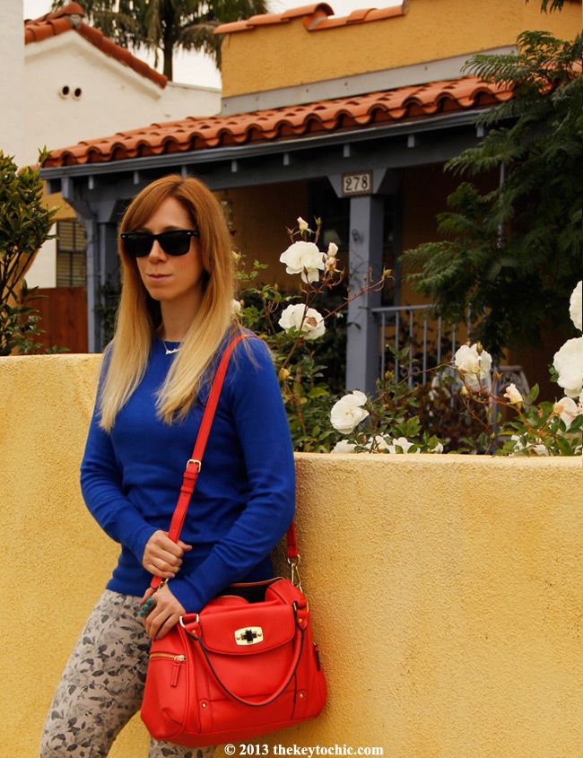J brand floral jeans, Merona coral turnlock satchel, LA fashion blog