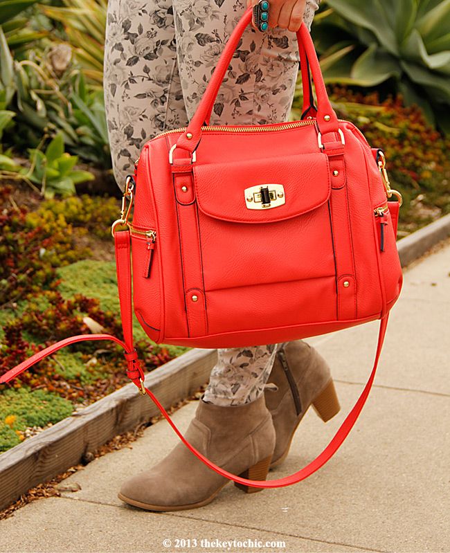 J brand floral jeans, Merona coral turnlock satchel, Mossimo Kaelyn boots, LA fashion blog