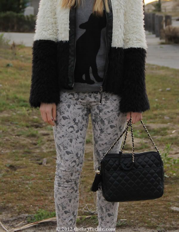 dog print sweater, J Brand floral jeans, Lumiere two-tone faux fur jacket, Los Angeles fashion blog, southern California fashion blogger