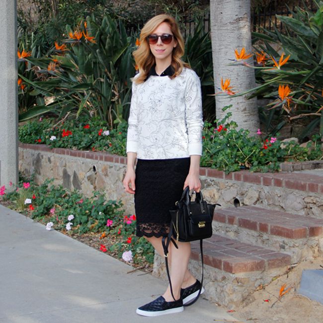 Old Navy black and white floral sweatshirt, Forever 21 lace pencil skirt, quilted slip-on sneakers, and Phillip Lim for Target mini satchel