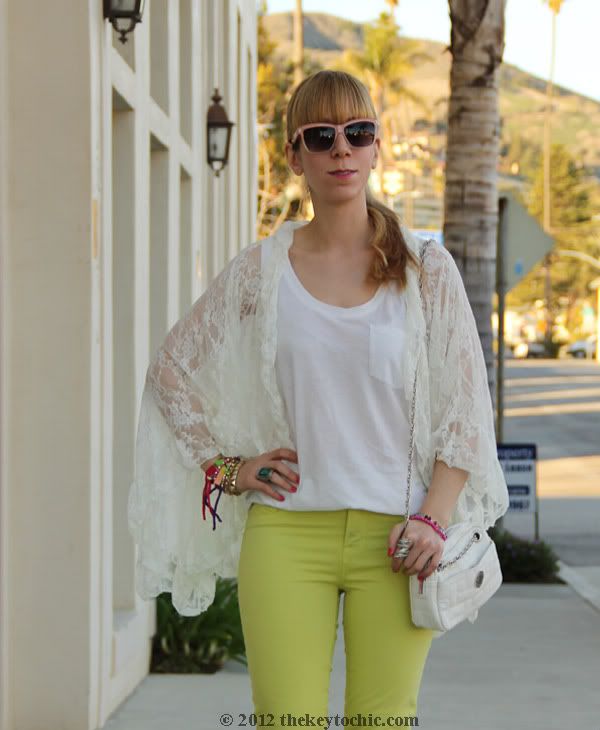 Free People lace kimono, J Brand neon jeans, River Island floral wedges, Los Angeles fashion blogger, southern California fashion blog