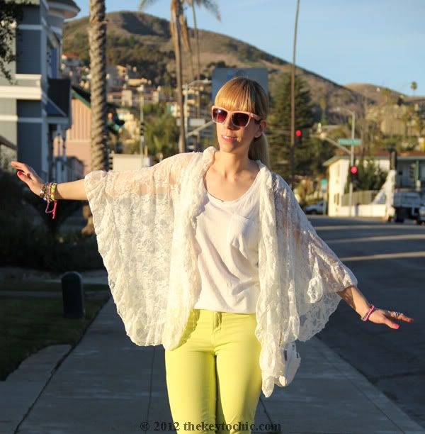 Free People lace kimono, J Brand neon jeans, River Island floral wedges, Los Angeles fashion blogger, southern California fashion blog