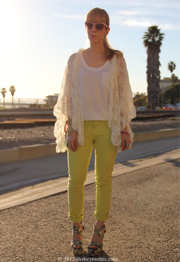 Free People lace kimono, J Brand neon jeans, River Island floral wedges, Los Angeles fashion blogger, southern California fashion blog