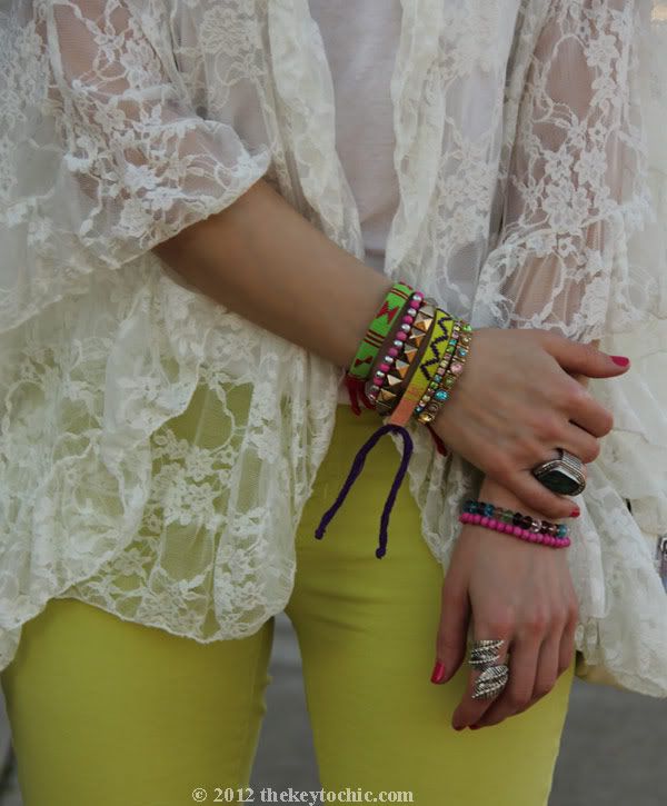 Free People lace kimono, J Brand neon jeans, friendship bracelets, layered bracelets, Los Angeles fashion blogger, southern California fashion blog