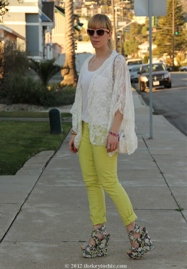 Free People lace kimono, J Brand neon jeans, River Island floral wedges, Los Angeles fashion blogger, southern California fashion blog