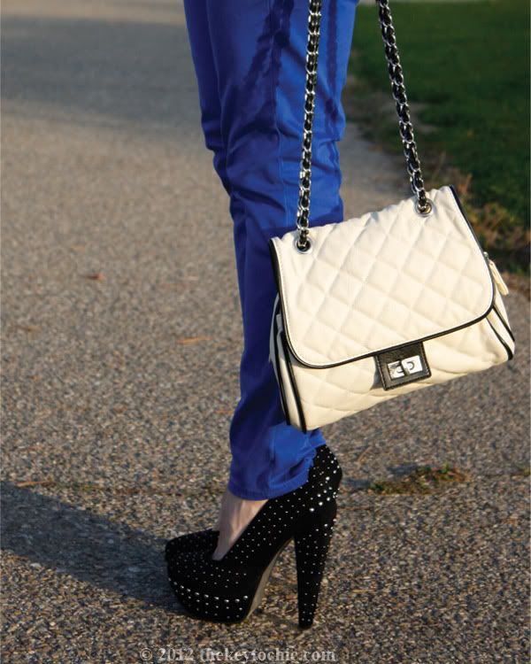 Lucky Brand Charlie capri jeans, colored denim, Forever 21 quilted handbag, studded platform pumps, Los Angeles fashion blog, southern California fashion blogger