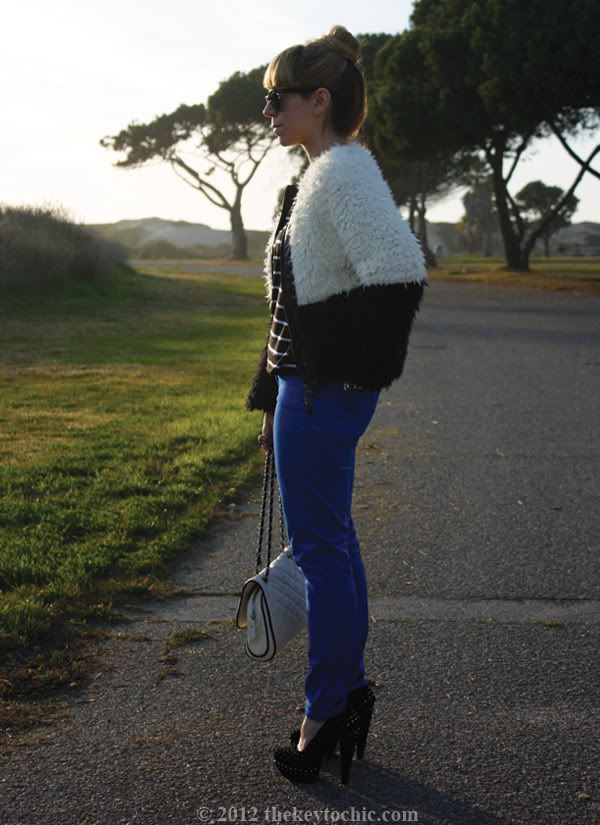 Lumiere two-tone faux fur jacket, Lucky Brand Charlie capri jeans, colored denim, Forever 21 quilted handbag, studded pumps, Los Angeles fashion blog, southern California fashion blogger