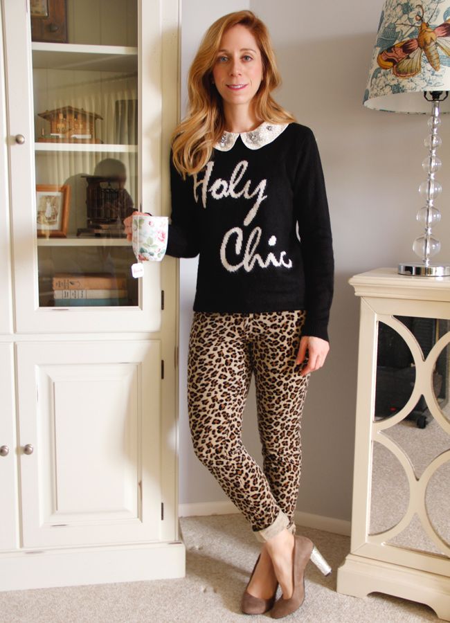 Forever 21 Holy Chic sweater, leopard skinny jeans, DIY glitter heel pumps