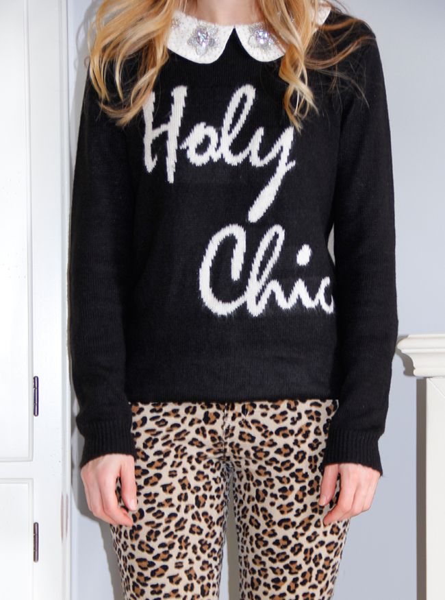 Forever 21 Holy Chic sweater, jeweled collar blouse, leopard skinny jeans