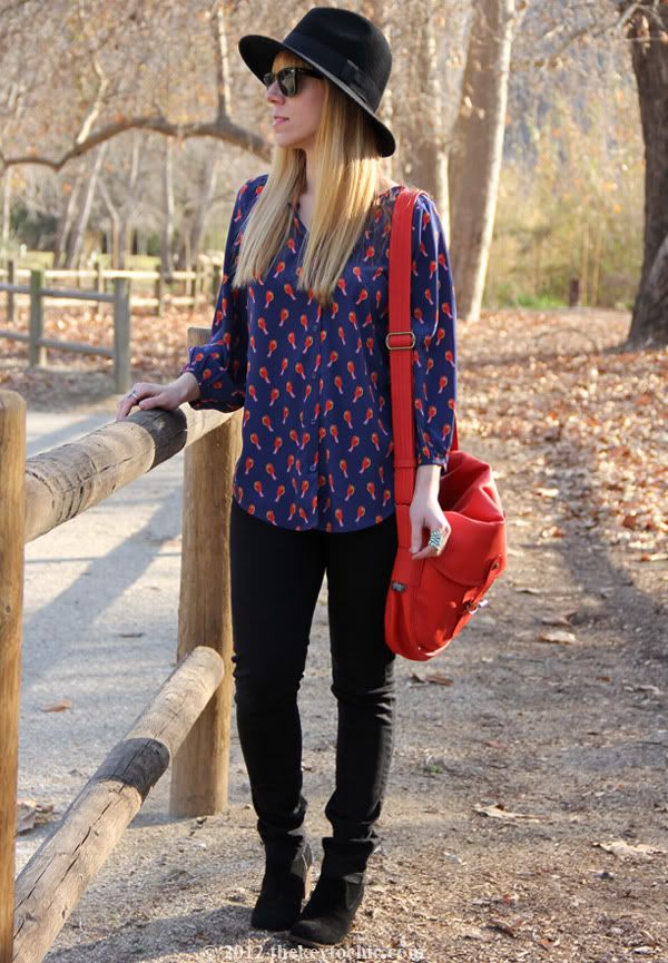 Old Navy bird print blouse, Cheap Monday jeans, Dolce Vita Jamison boots, Upla satchel, Los Angeles fashion blog, southern California style