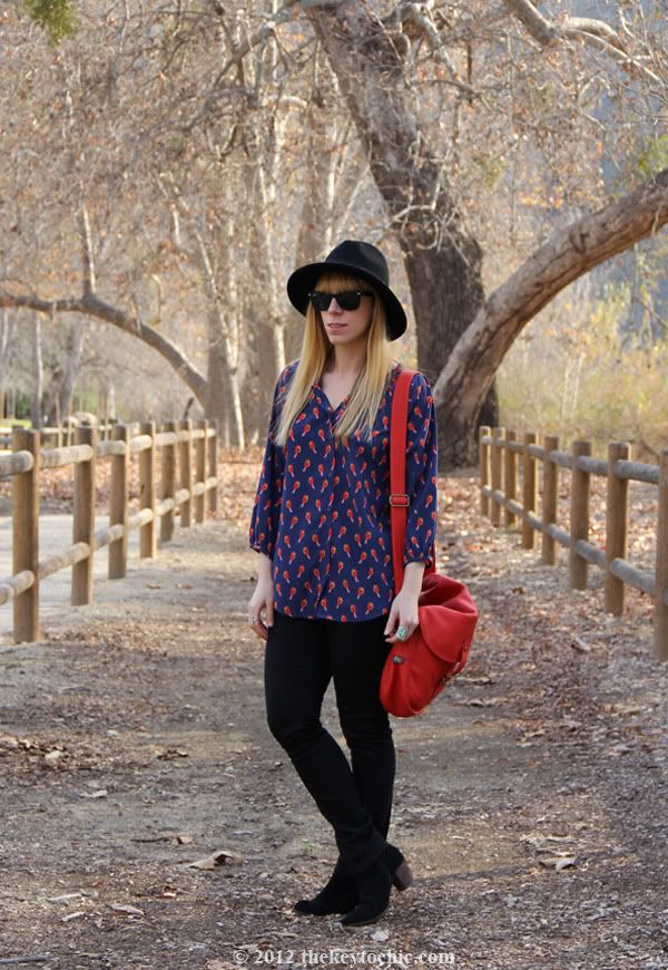 Old Navy bird print blouse, Cheap Monday jeans, Dolce Vita Jamison boots, Upla satchel, Los Angeles fashion blog, southern California style
