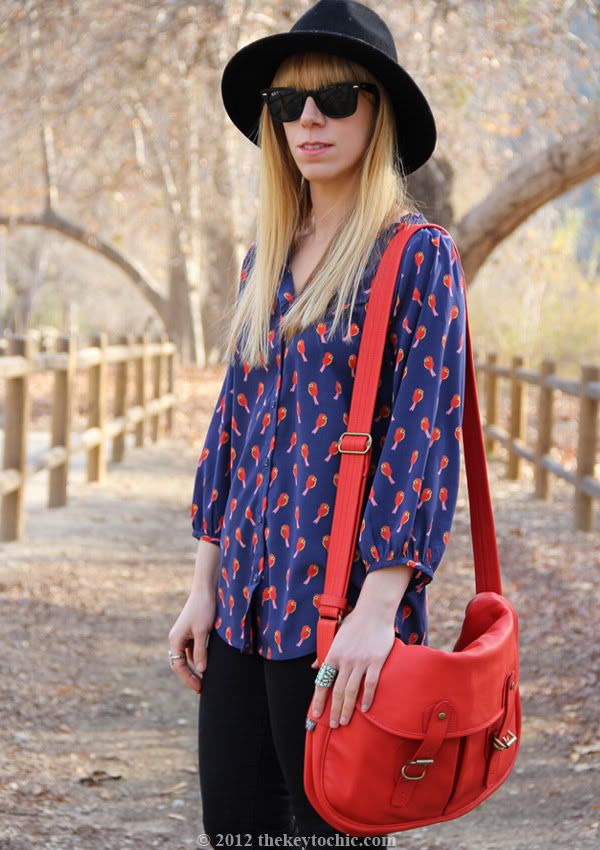 Old Navy bird print blouse, Cheap Monday jeans, Upla satchel, Los Angeles fashion blog, southern California style