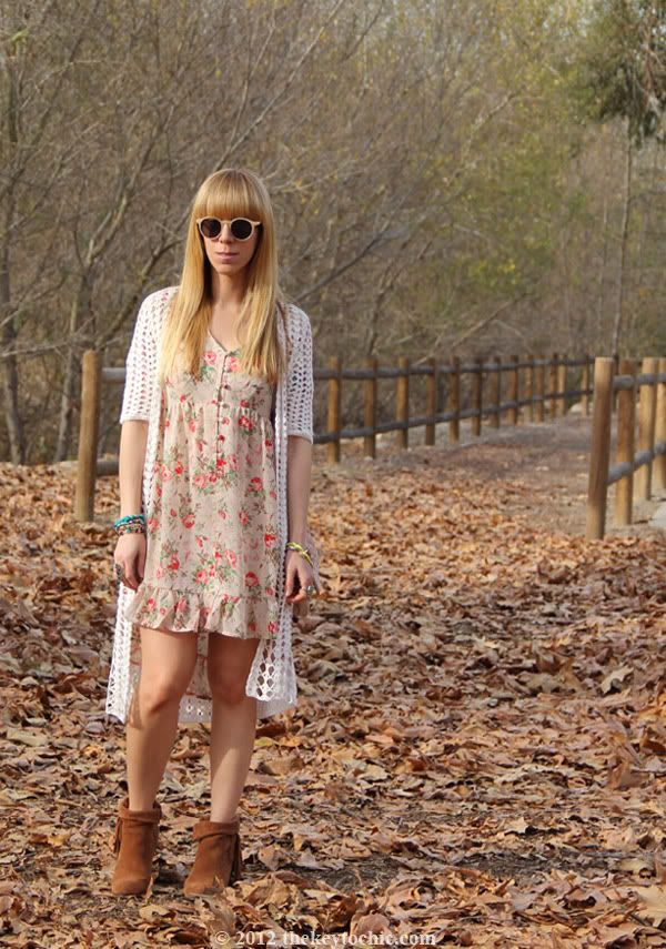 floral high low dress, Forever 21 crochet cardigan, Bakers Showdown fringe boots, Los Angeles fashion blogger, southern California fashion blog
