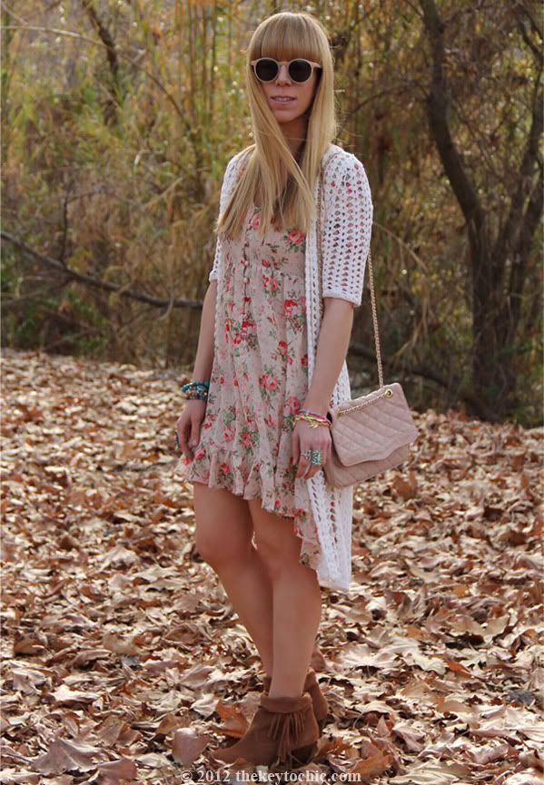floral high low dress, Forever 21 crochet cardigan, Bakers Showdown fringe boots, Los Angeles fashion blogger, southern California fashion blog