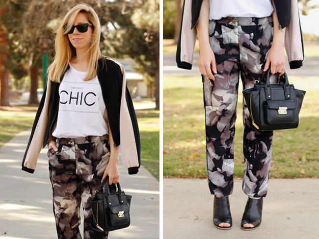 LA fashion blogger The Key To Chic wears Mossimo floral drapey trousers, Mossimo Kacie boots, a black Phillip Lim for Target mini satchel, and a Mossimo colorblock bomber jacket