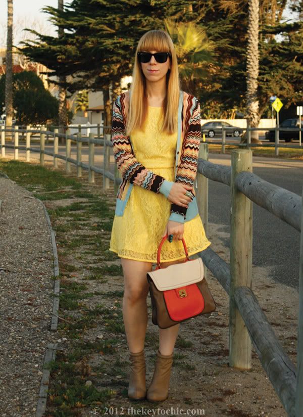 Missoni for Target cardigan, Forever 21 yellow lace skater dress, color block handbag, Forever 21 Rumble boots, Los Angeles fashion blog, southern California fashion blog