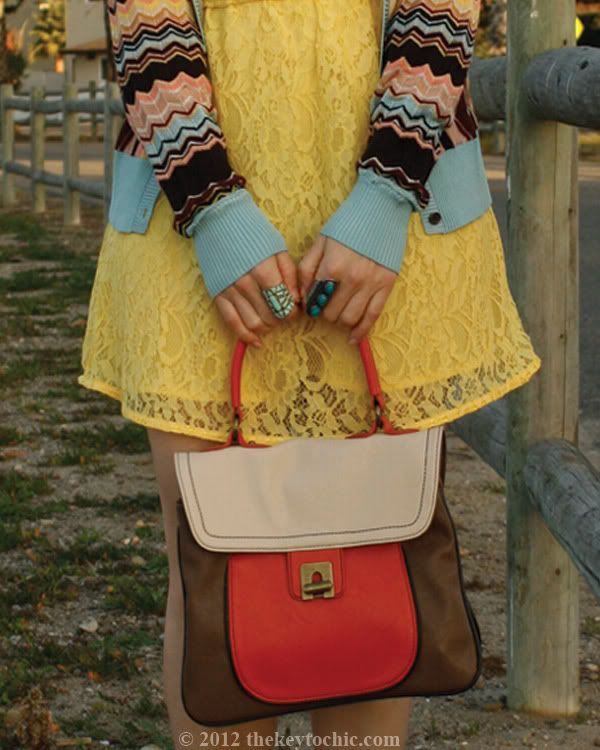 Missoni for Target cardigan, Forever 21 yellow lace skater dress, color block handbag, Los Angeles fashion blog, southern California fashion blog