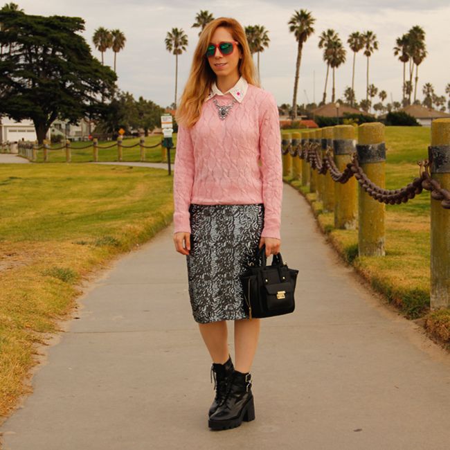 Los Angeles fashion blogger The Key To Chic wears an Xhilaration sequin pencil skirt and Forever 21 cable knit with lug sole Zara boots