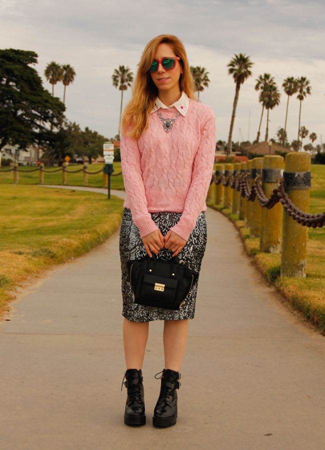 Los Angeles fashion blogger The Key To Chic wears an Xhilaration at Target sequin pencil skirt and Forever 21 cable knit with lug sole Zara boots
