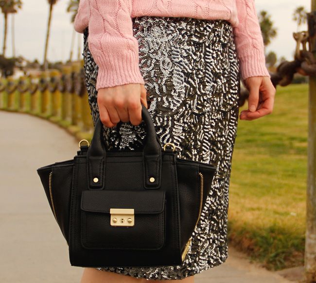 Xhilaration at Target gray sequin pencil midi skirt, Phillip Lim for Target black mini satchel