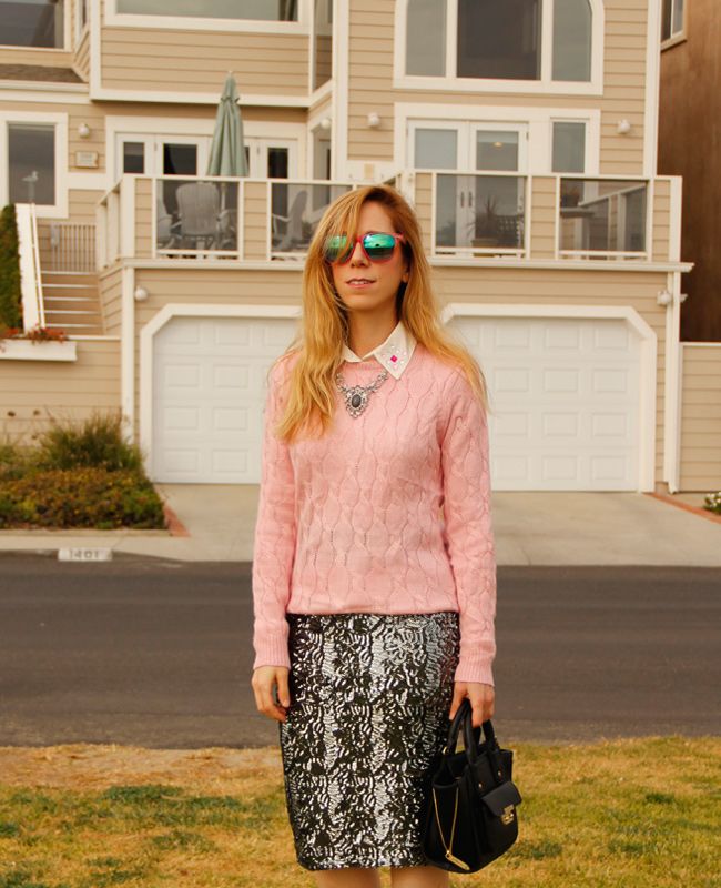 Los Angeles fashion blogger The Key To Chic wears an Xhilaration at Target sequin pencil skirt and Forever 21 cable knit sweater