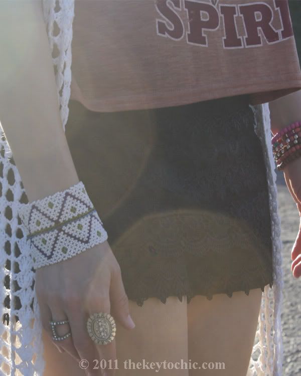lace crochet shorts, maxi crochet cardigan, beaded bracelets
