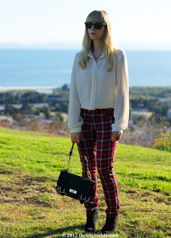 Jovonnista studded blouse, H&M plaid jeans, Mossimo Kacey ankle boots, Los Angeles fashion blog, southern California style