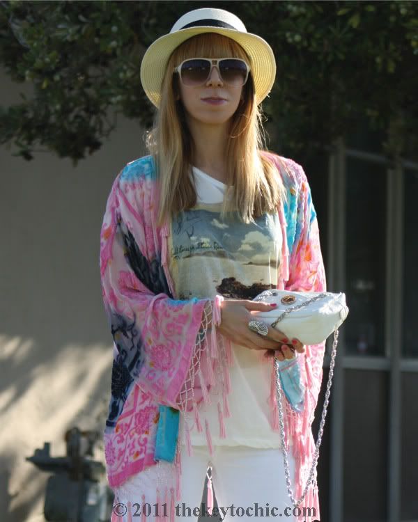 velvet fringe kimono jacket, Zara quilted handbag, H&M white flared jeans, southern California street style