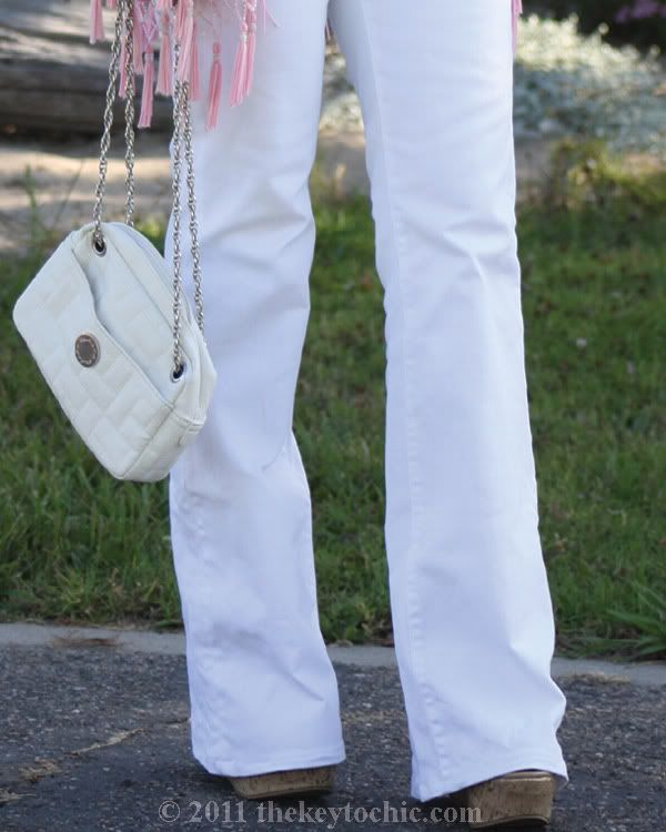 velvet fringe kimono jacket, Zara quilted handbag, H&M white flared jeans, southern California street style