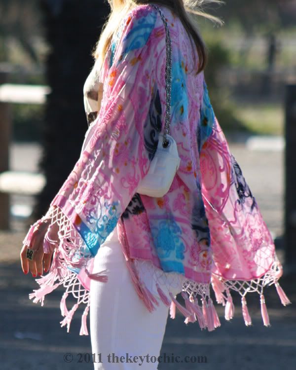 velvet fringe kimono jacket, H&M white flared jeans, southern California street style